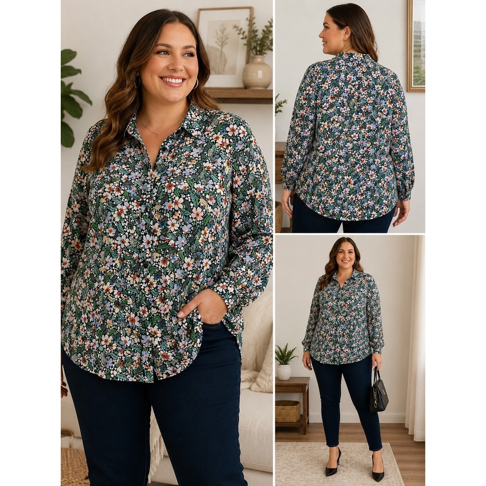 On 34th Floral Zebra Print Button Down Blouse 3X Multi Color Long Sleeve Shirt